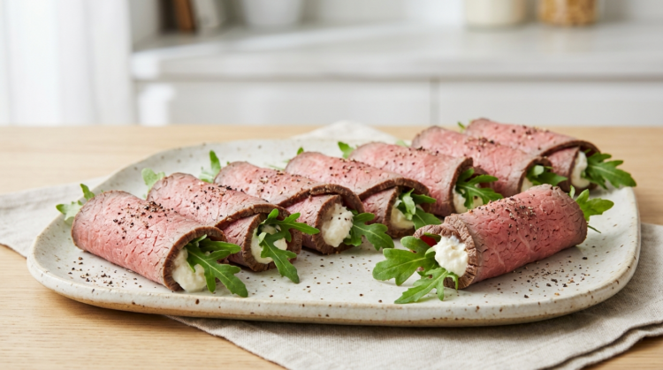 Rostbiffsrullar med pepparrotskräm och ruccola
