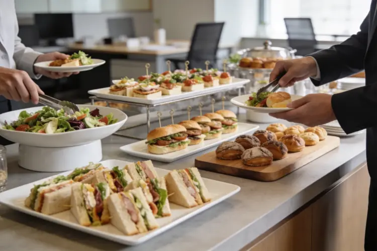Företagscatering i kontorsmiljö med smörgåsar, sallad, snittar och bakverk uppdukade på buffé medan personer serverar sig.