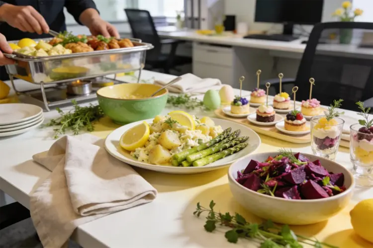 Påsklunch uppdukad på kontor med potatissallad, sparris, rödbetssallad, små desserter i glas och serveringsfat i en ljus kontorsmiljö.