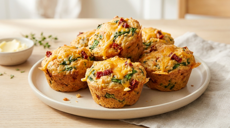 Matmuffins med cheddar, spenat och soltorkade tomater