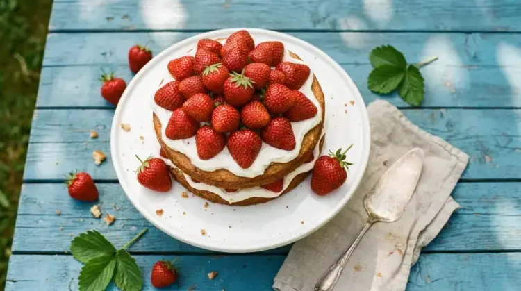 Jordgubbstårta som grundar sig från ett jordgubbstårta recept av Catering by Nordrest. Sommarkänsla på ett blått träbord utomhus.