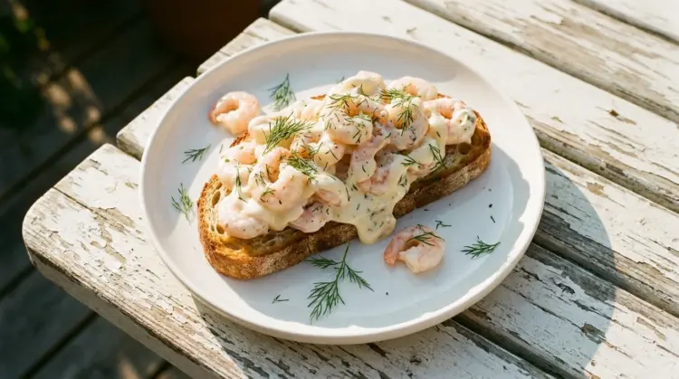 Räksallad recept - Gott surdegsbröd toppad med räksallad. Sommarkänsla utomhus.