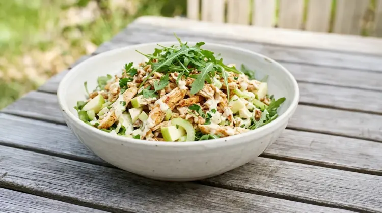 Kycklingsallad står utomhus på ett sommarbord. Rätten är lagad utifrån Catering by Nordrests kycklingsallad recept.