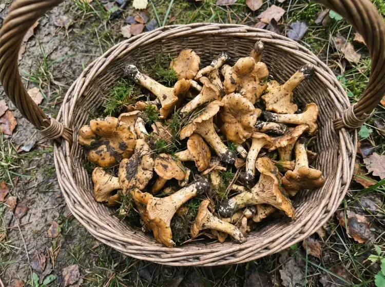 Kantareller säsong - korg med nyplockade kantareller täckta av jord från skogen