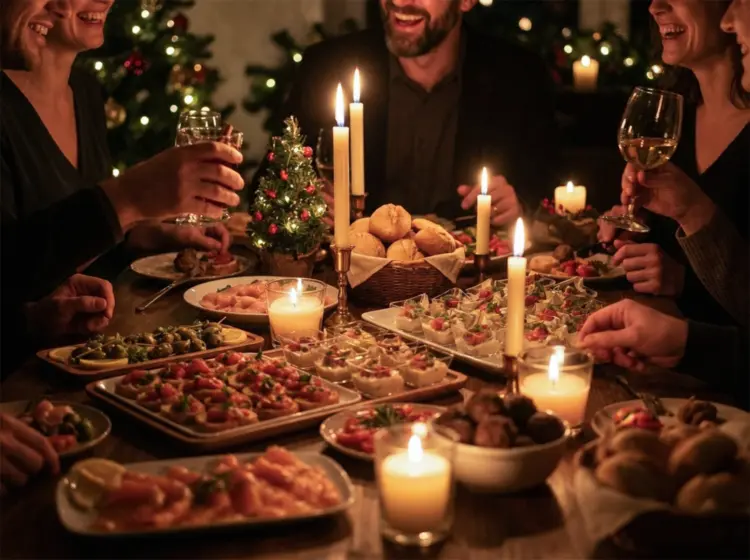 Julbord catering till kontoret. Kollegor skrattar och skålar vid ett ljusdukat långbord med sill, lax, köttbullar och tilltugg